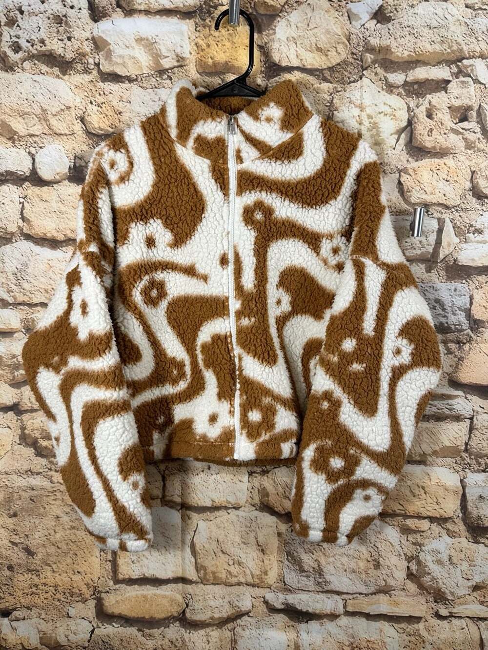 Hollister Full Zip Sherpa Jacket Size L Brown White Swirl Fleece